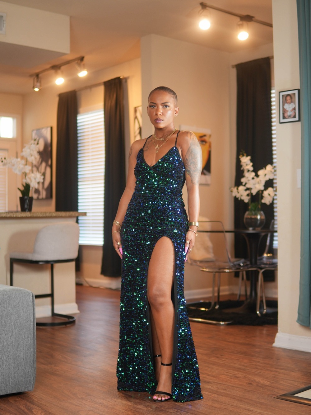 Lulu's Sequin V-Neck High-Slit Gown in Emerald and Teal